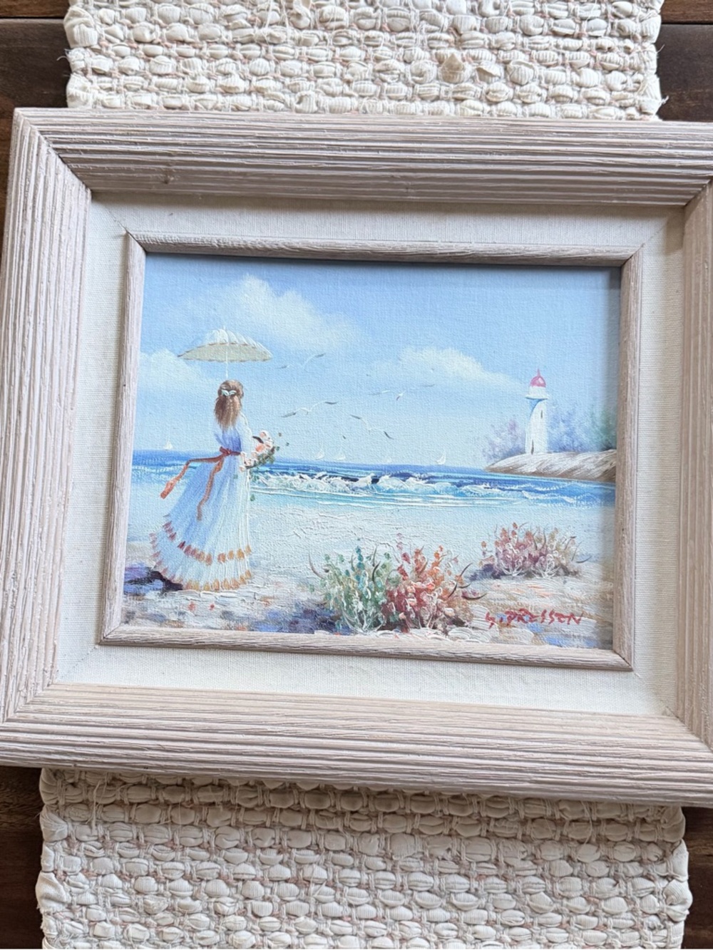 Vintage Original signed, framed Painting of Lady on the beach with a Lighthouse